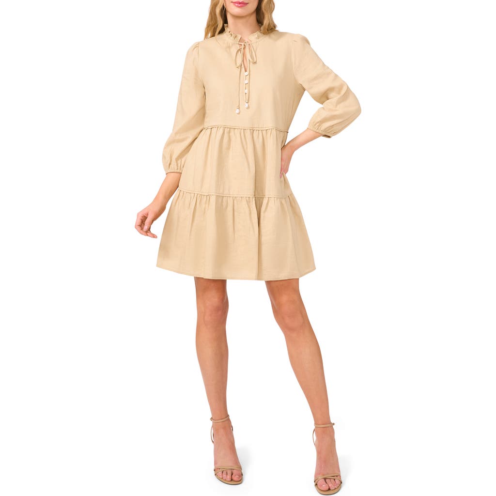 Cece Long Sleeve Tiered Linen Blend Dress In Hazelnut