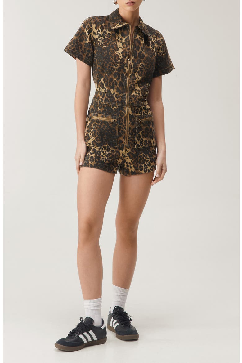 Leopard Print Denim Romper, Main, color, LEOPARD