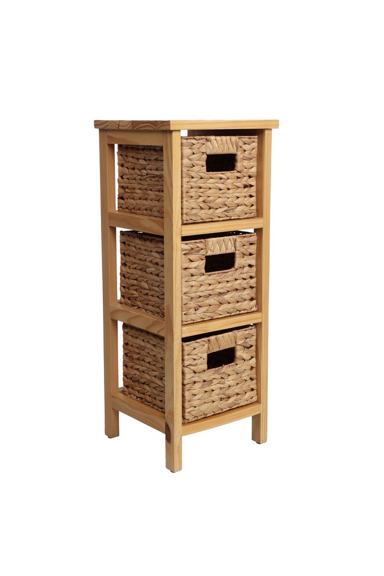 Cohen Coastal Handcrafted Pine Wood 3-Tier Storage Cabinet with 3 Water Hyacinth Woven Baskets, Main, color, Natural