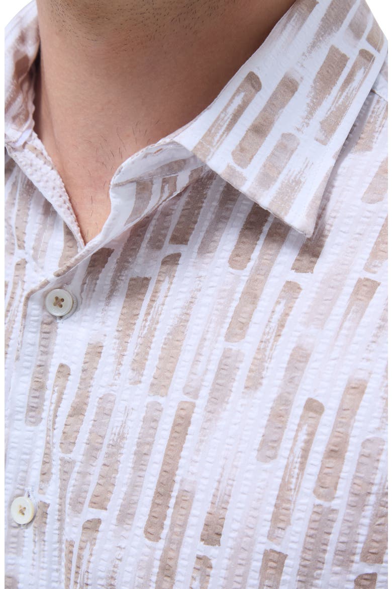 Orson Trim Fit Stripe Short Sleeve Stretch Cotton Seersucker Button-Up Shirt, Alternate, color, CAMEL