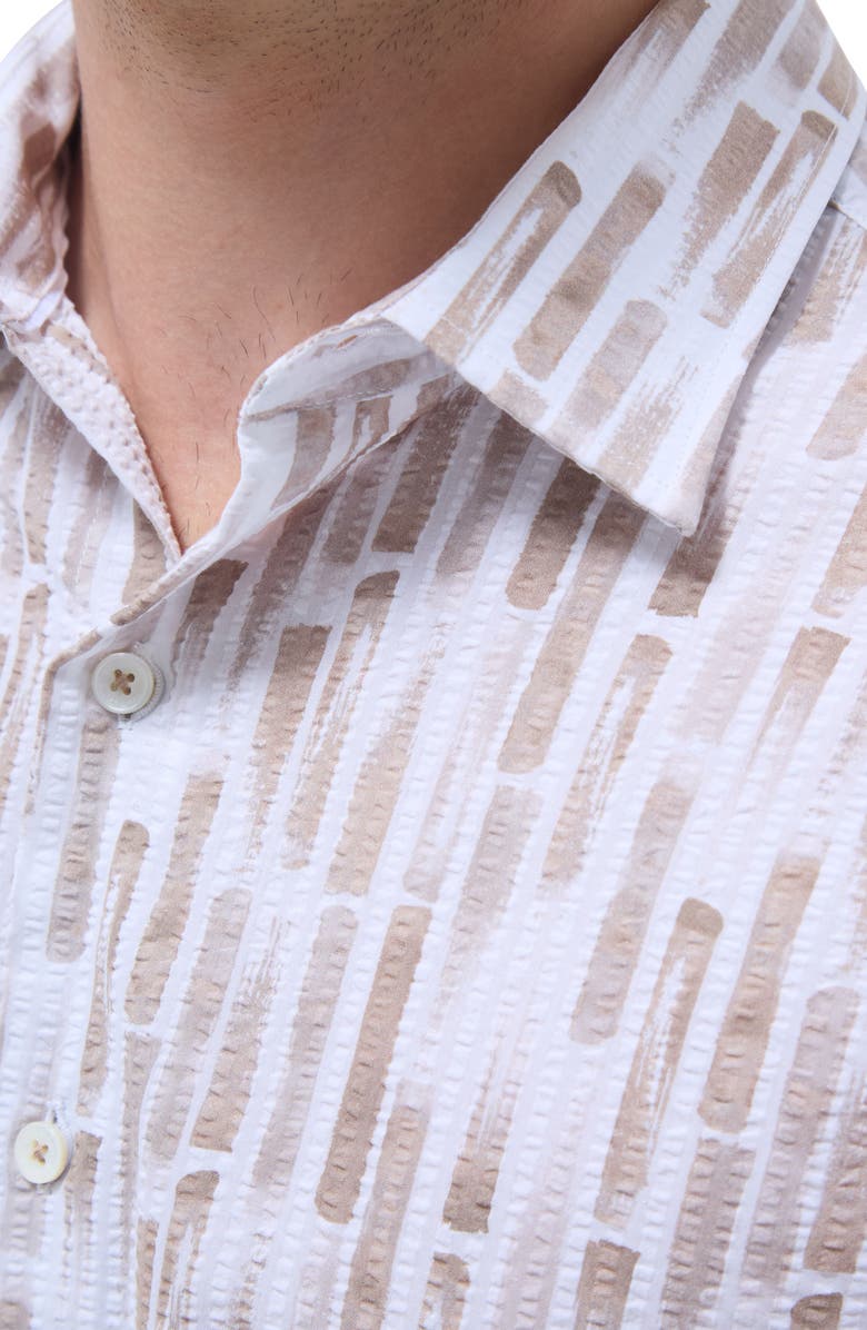 Bugatchi Orson Trim Fit Stripe Short Sleeve Stretch Cotton Seersucker Button-Up Shirt, Alternate, color, Camel