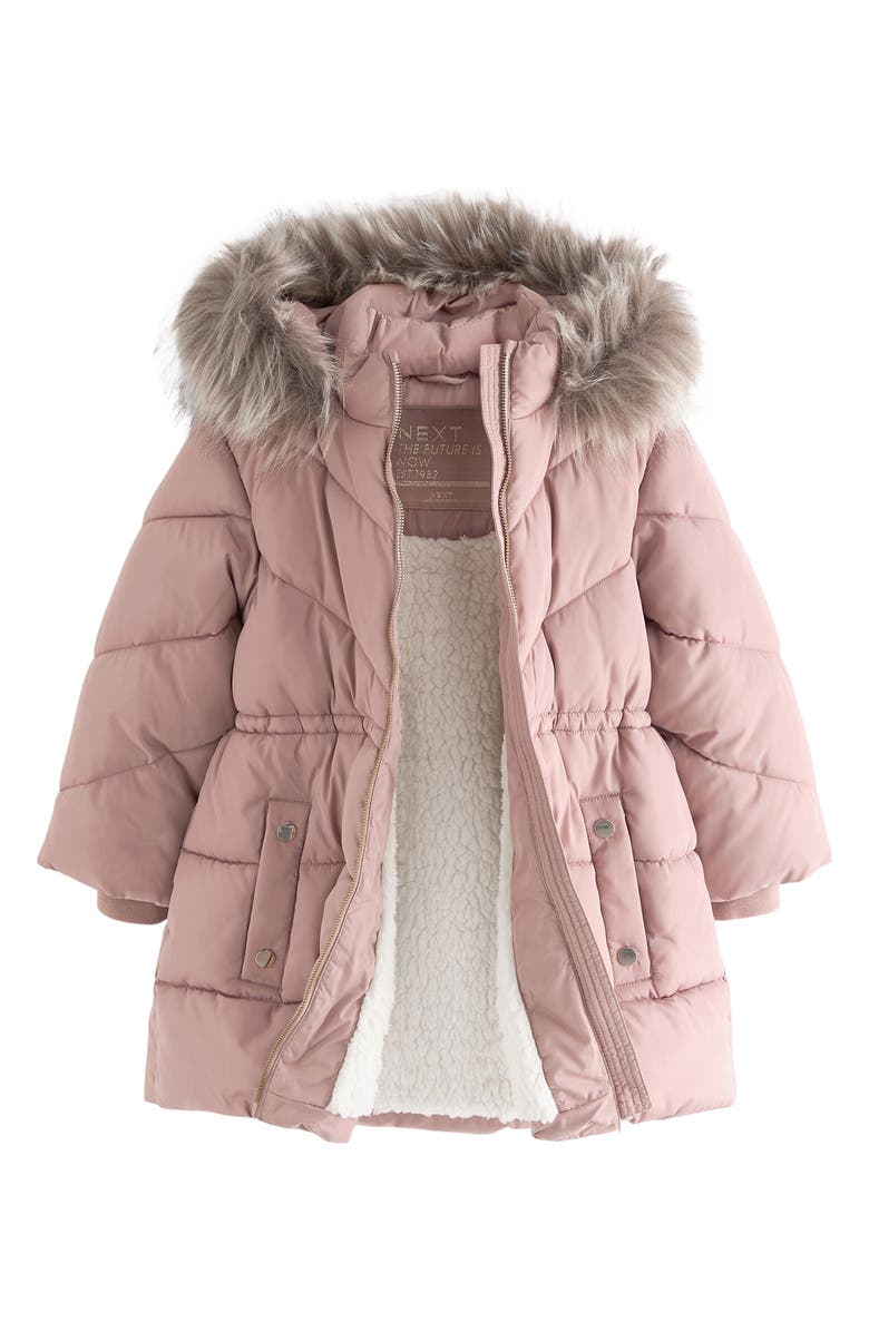 NEXT Kids' Hooded Puffer Coat with Faux Fur Trim, Main, color, 
