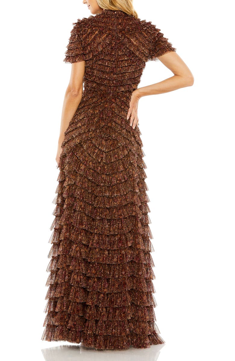 Mac Duggal Ruffle Tiered High Neck Dress, Alternate, color, Brown Multi