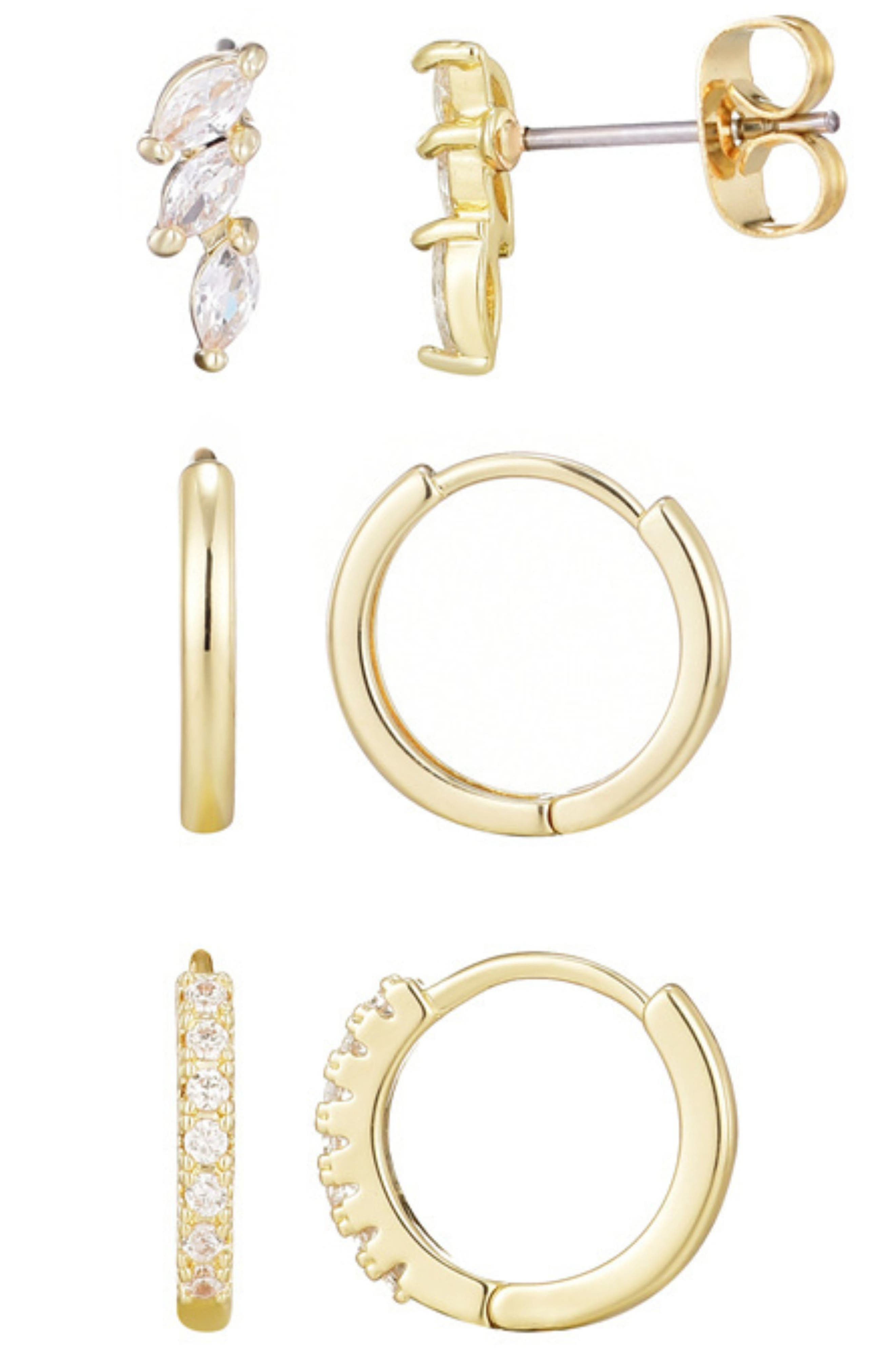 Adornia Set of 3 Assorted Hoops and Stud Earrings