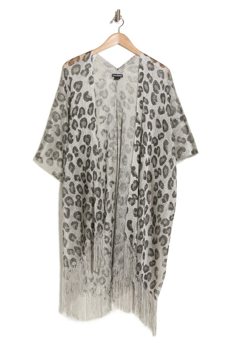 Sparkle Leopard Fringe Trim Ruana, Alternate, color, SILVER