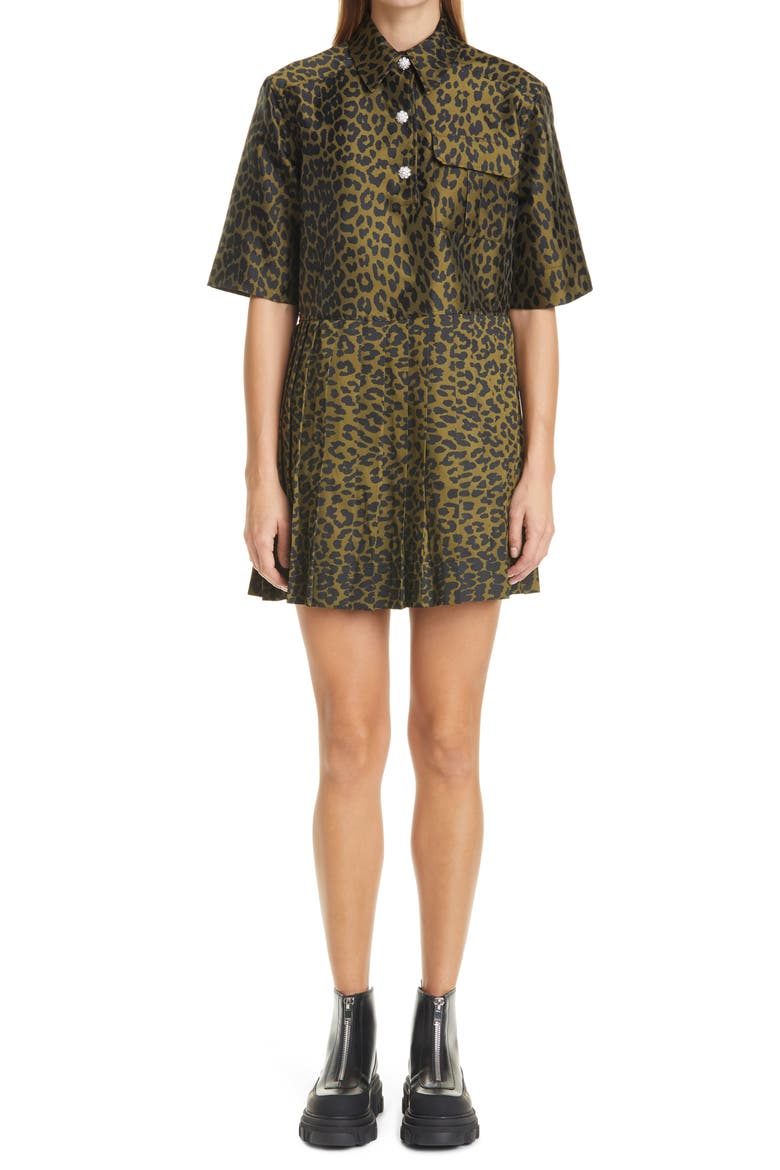 Pleated Leopard Jacquard Minidress, Main, color, OLIVE DRAB