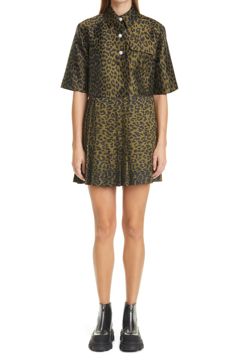 Ganni Pleated Leopard Jacquard Minidress, Main, color, 