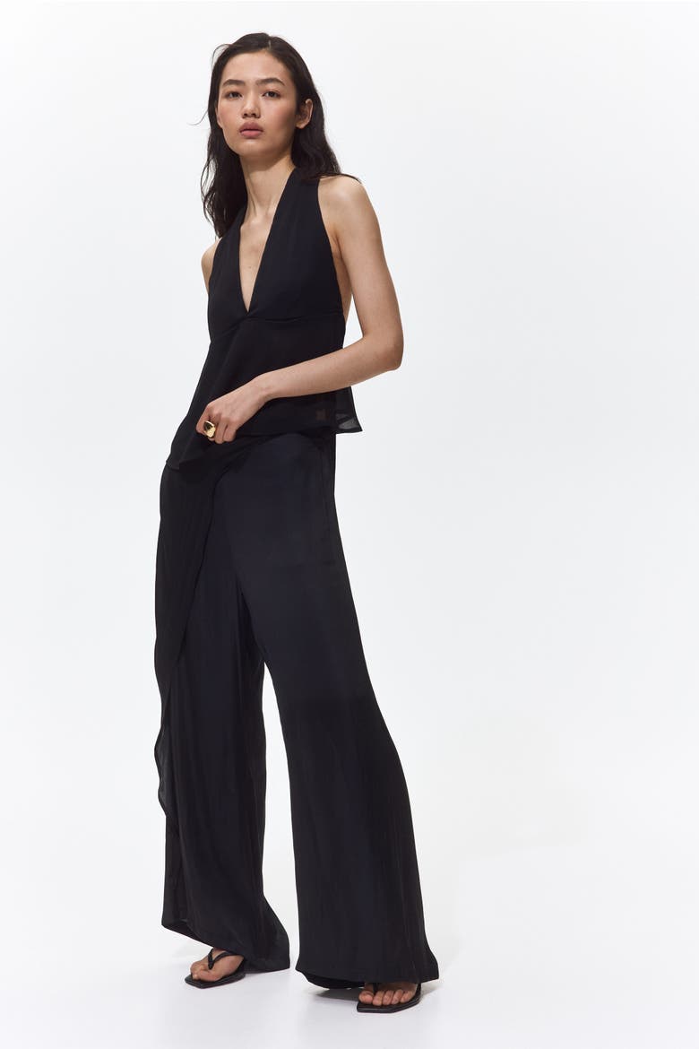 Wrap-detail Satin Trousers, Main, color, Black