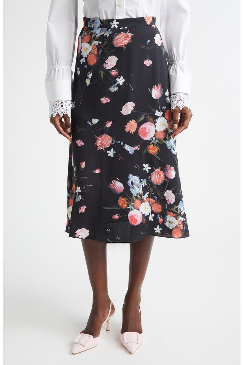 Floral A-Line Crepe Midi Skirt, Main, color, DUTCH FLOWER PAINTING BLACK