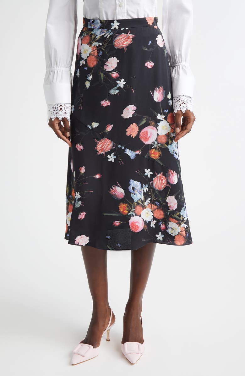 Erdem Floral A-Line Crepe Midi Skirt, Main, color, Dutch Flower Painting Black