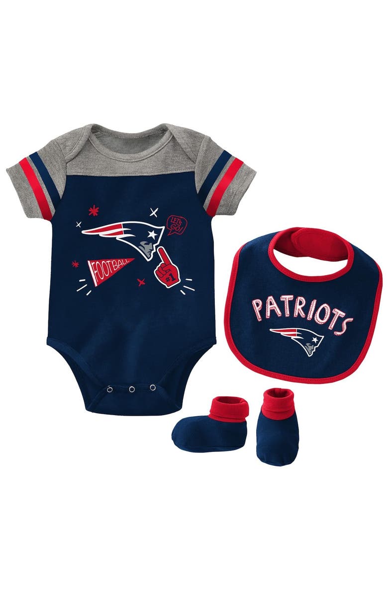 Outerstuff Newborn & Infant Navy New England Patriots Tackle Bodysuit Bib & Booties Set, Main, color, 