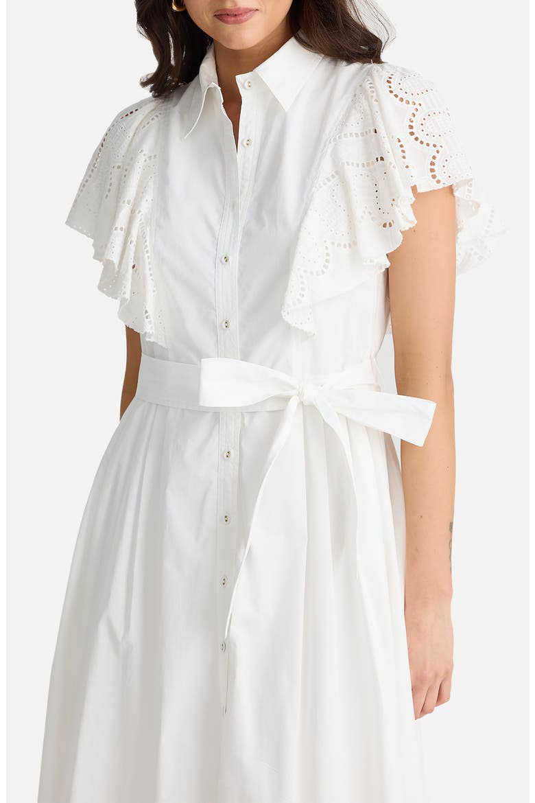 Marigold Ruffle Sleeve Cotton Midi Shirtdress, Alternate, color, WHITE