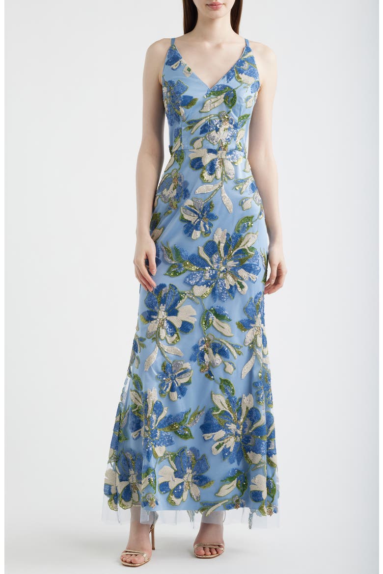 Sequin Floral Mermaid Gown, Main, color, BLUE MULTI