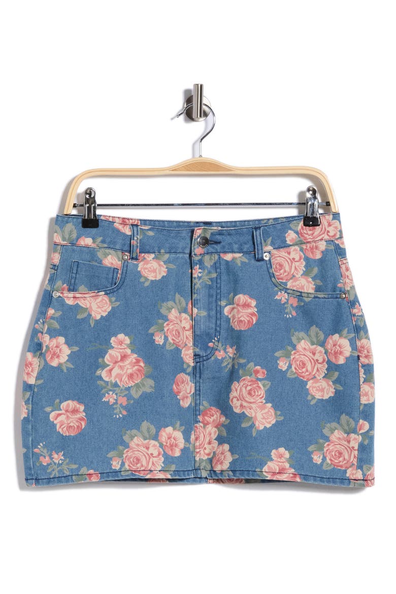 Floral Printed Denim Miniskirt, Alternate, color, MED WASH