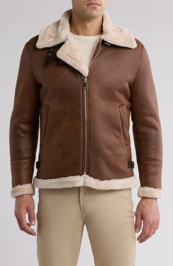 Braveman Faux Shearling Lined Bomber Jacket In Cognac