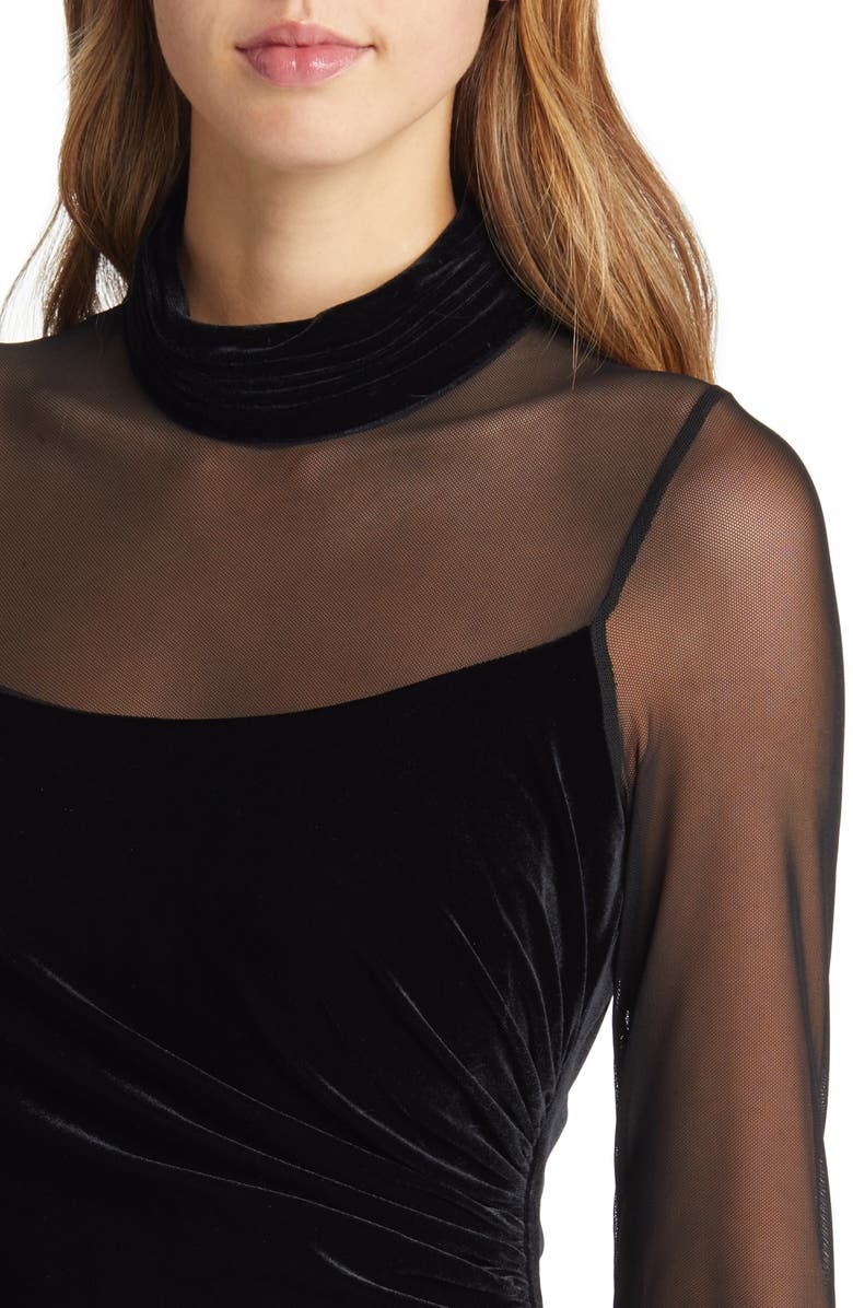 Eliza J Mock Neck Long Sleeve Mixed Media Velvet Gown, Alternate, color, 