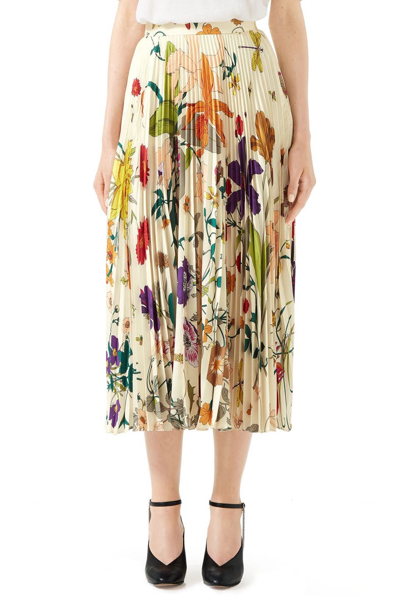 Gothic Floral Print Pleated Silk Twill Midi Skirt, Main, color, IVORY PRINTED