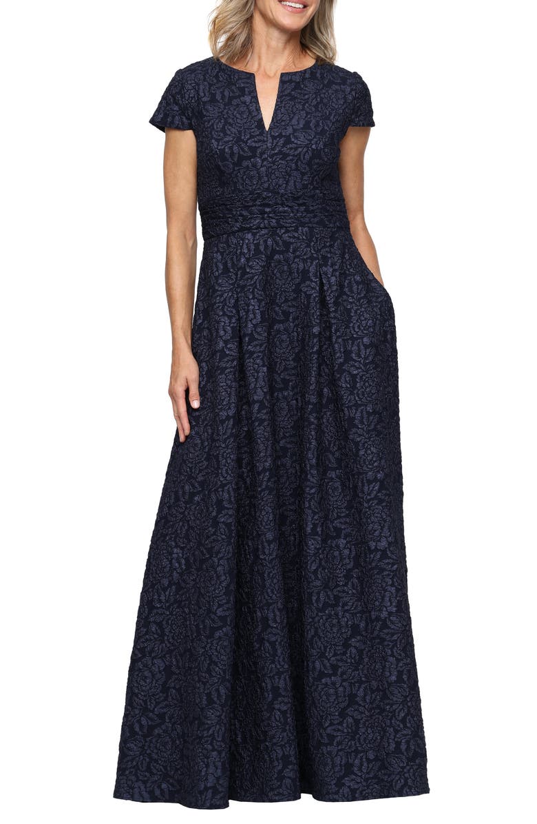 Alex Evenings Embossed Short Sleeve Maxi Dress, Main, color, Navy