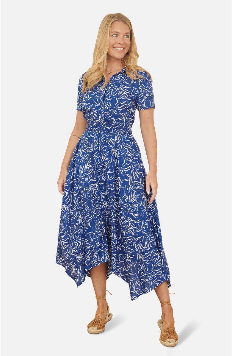 Yumi Printed Midi Ruched Shirt Dress, Main, color, Blue