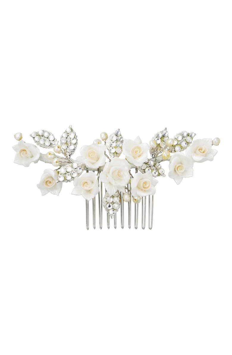 Untamed Petals Victoria Crystal Floral Comb, Main, color, Silver