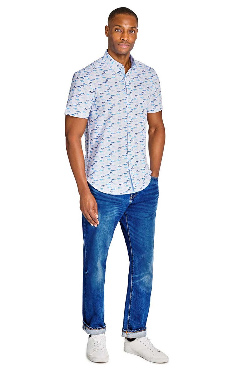 CONSTRUCT Fish Print Short Sleeve Stretch Button-Down Shirt, Alternate, color, White