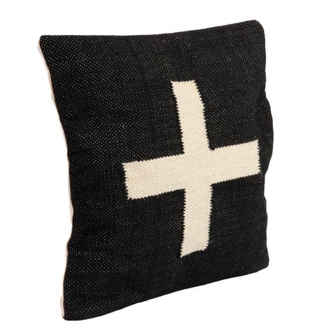 Wool Blend Pillow with Swiss Cross, Black and Cream