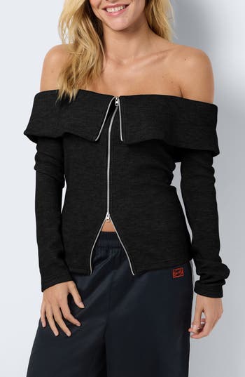 Noisy May Stormy Off-the-shoulder Two Way Zip Long Sleeve Sweater In Black