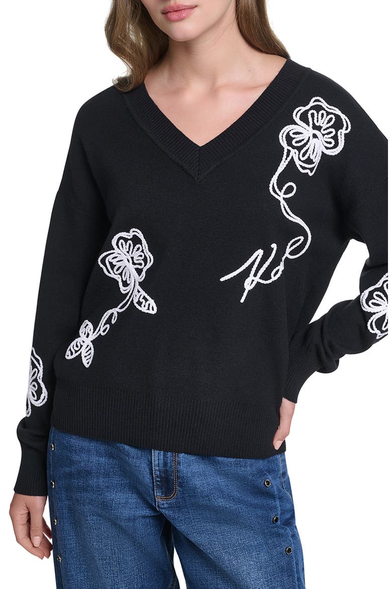 Floral V-Neck Sweater, Main, color, BLACK/ SOFT WHITE