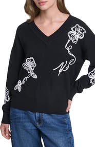 KARL LAGERFELD PARIS Floral V-Neck Sweater