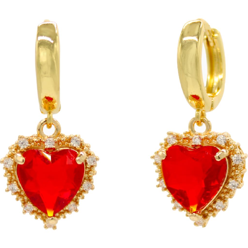 Velvet Luna Earrings With Red Heart Pendant In Gold