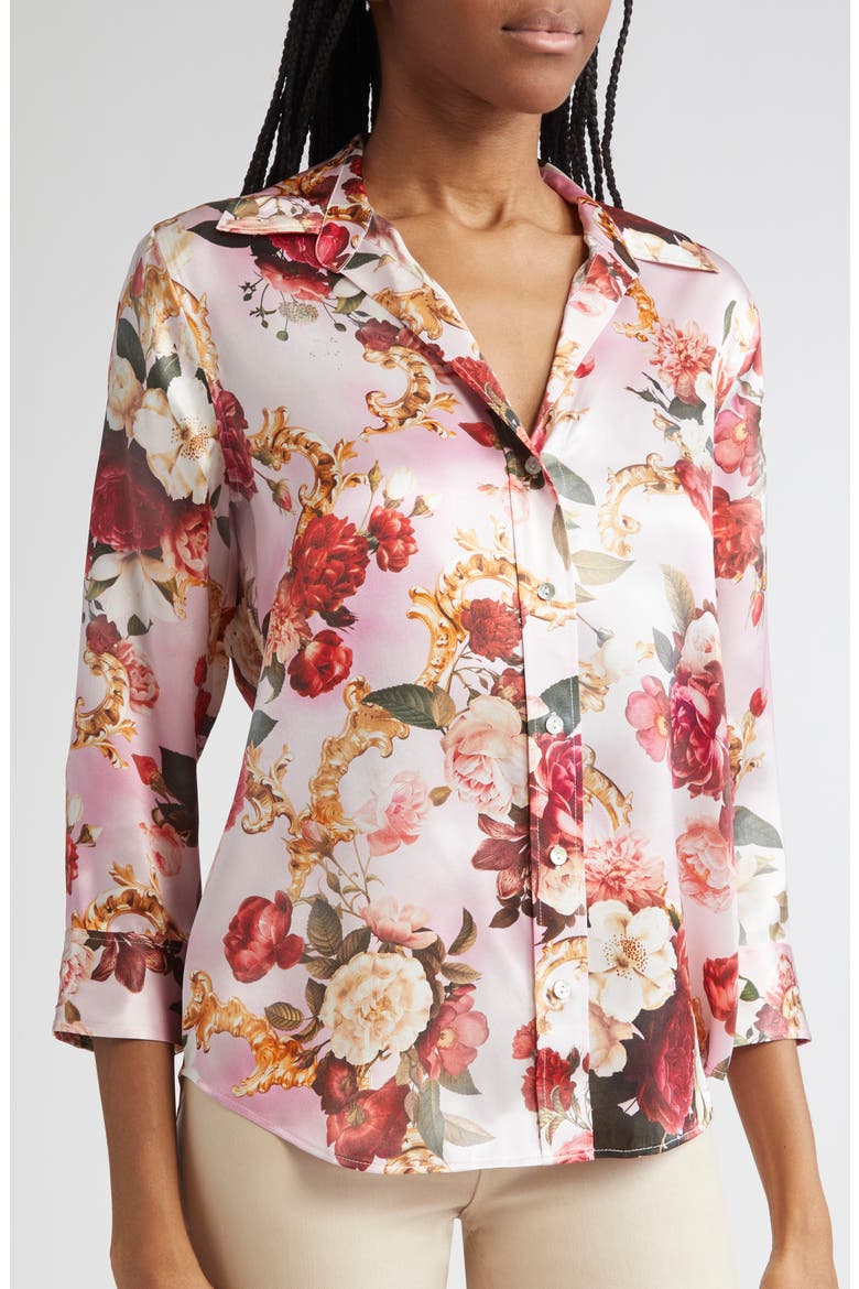 Dani Three Quarter Sleeve Silk Button-Up Shirt, Alternate, color, PINK MULTI ROCOCO