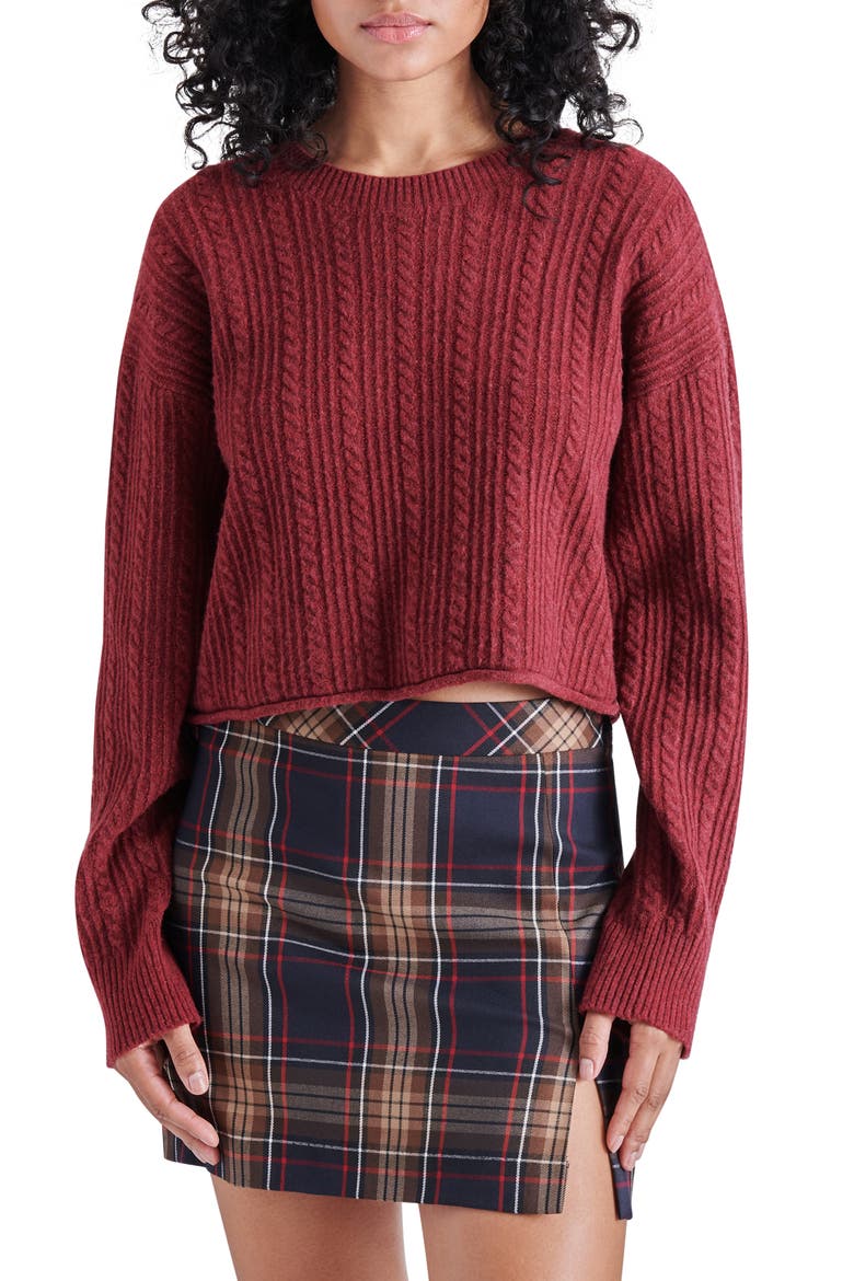 Aerin Cable Crew Sweater, Main, color, DARK RED