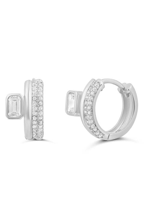 14k Gold Plate Emerald Cut & Pav Huggie Hoop Earrings