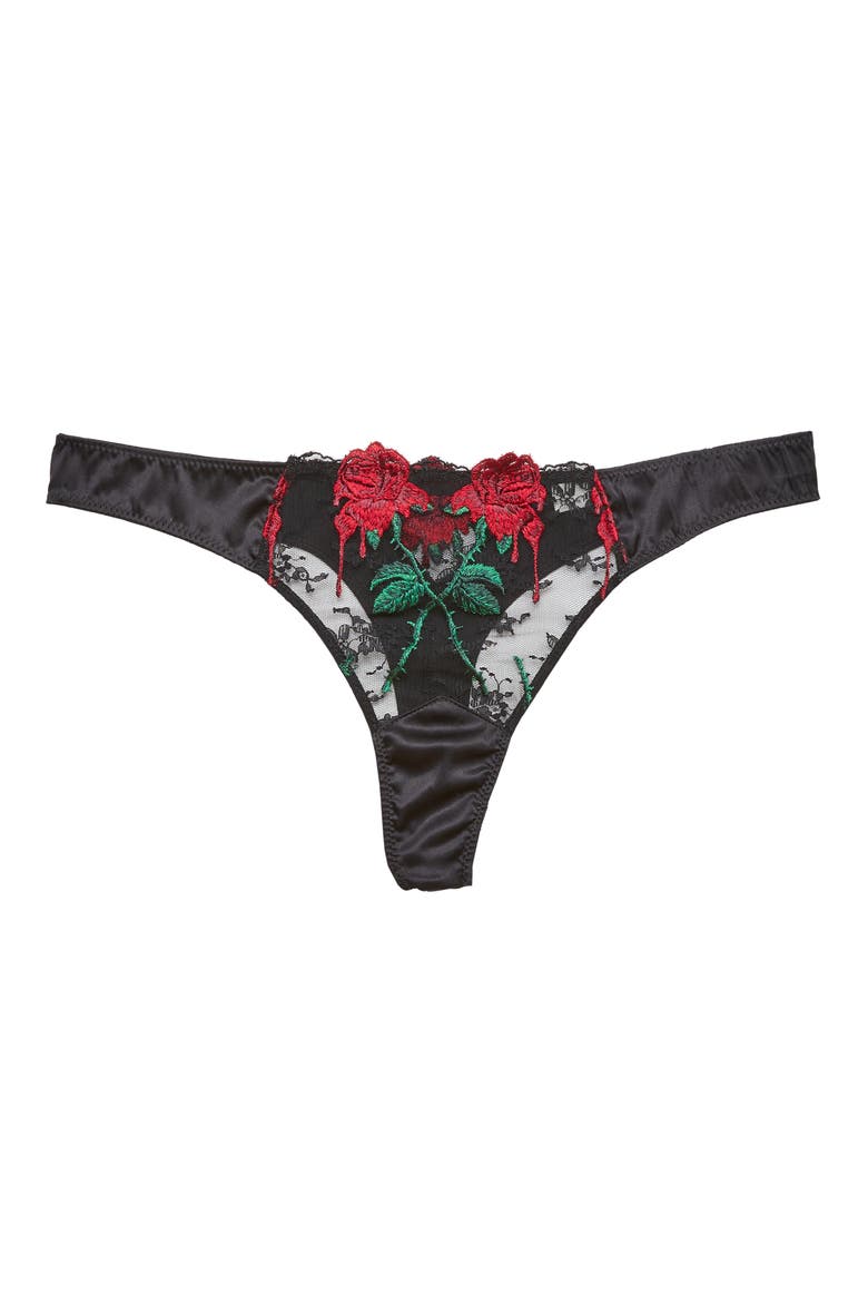 Bleeding Rose Embroidered Thong, Main, color, BLACK