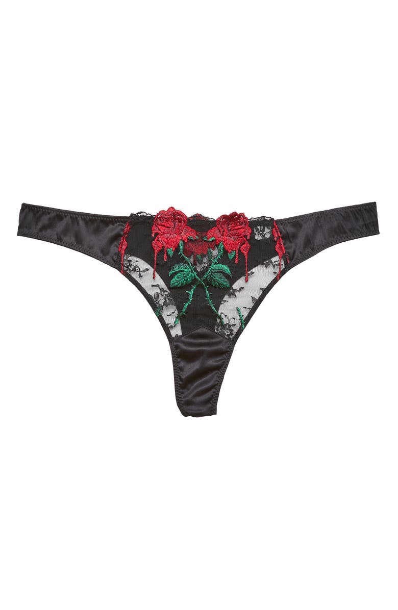 Fleur Du Mal Bleeding Rose Embroidered Thong, Main, color, Black