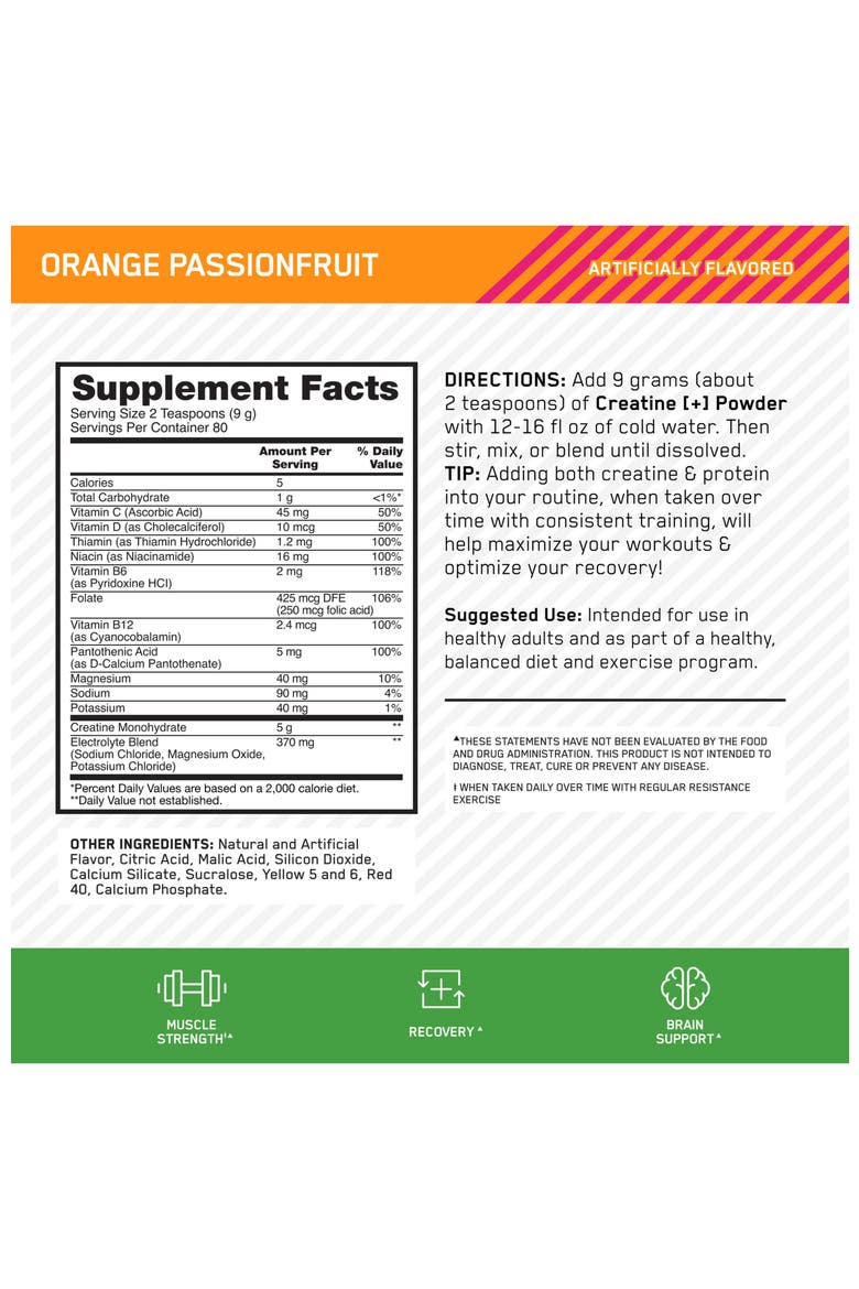 Creatine Monohydrate Performance Powder with Electrolytes, Added Vitamins, and Orange Passionfruit Flavor, 80 Servings, Alternate, color, None