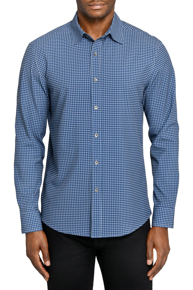 Slim Fit Faded Check Performance Button-Up Shirt, Main, color, NAVY