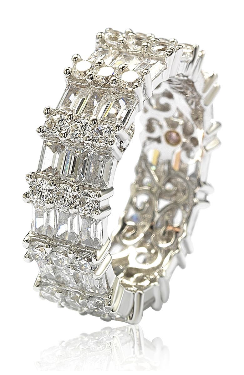 SUZY LEVIAN Sterling Silver Modern Tri-Row White Bagguette CZ Eternity Band, Main, color, White