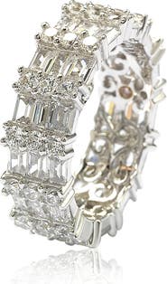 SUZY LEVIAN Sterling Silver Modern Tri-Row White Bagguette CZ Eternity Band