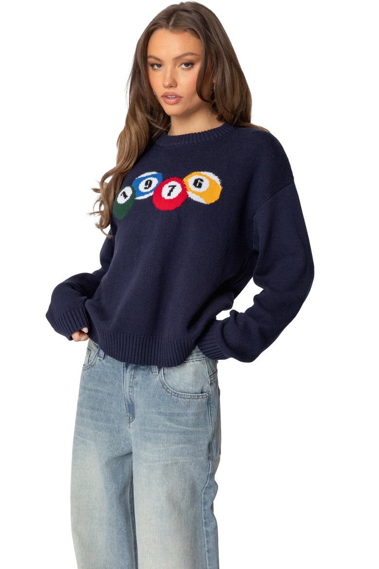 1976 Billiards Cotton Graphic Crewneck Sweater, Alternate, color, NAVY