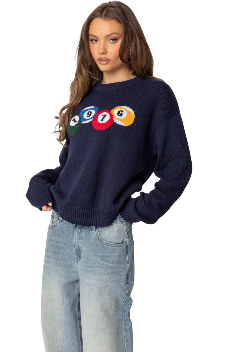 EDIKTED 1976 Billiards Cotton Graphic Crewneck Sweater, Alternate, color, Navy
