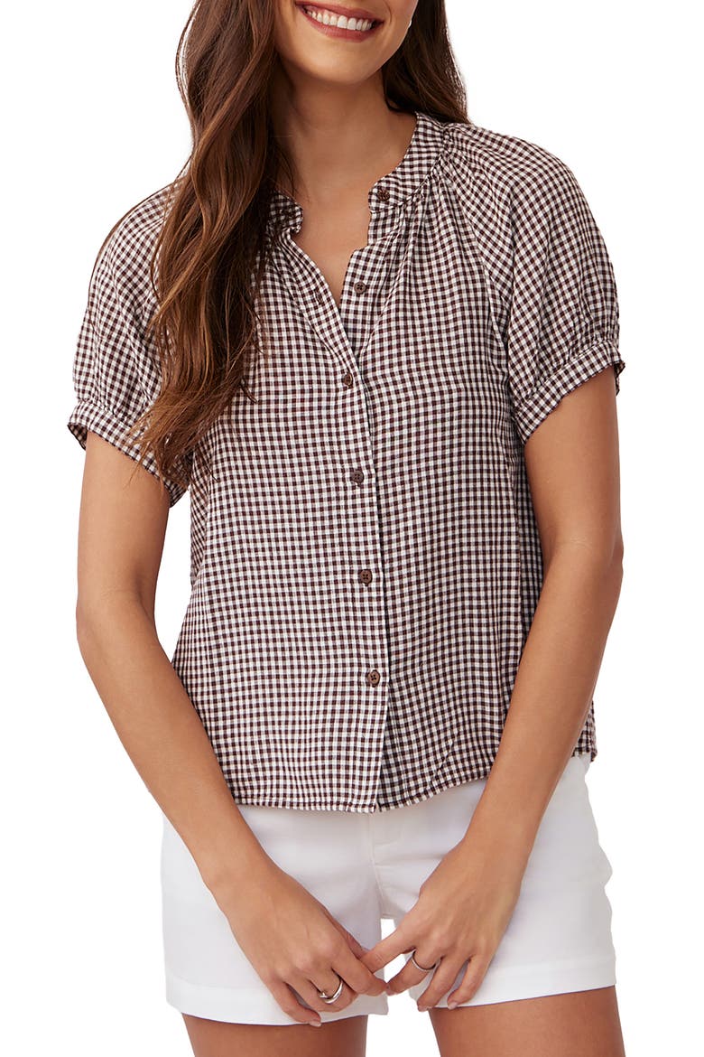 Gingham Short Sleeve Button-Up Shirt, Main, color, BROWN MICRO GINGHAM