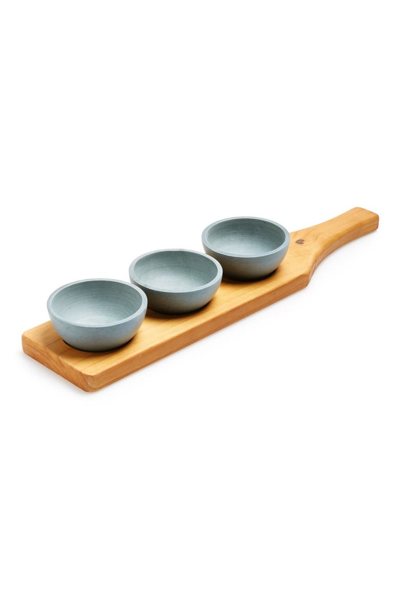 Paddle with Trio of Condiment Bowls, Main, color, BROWN
