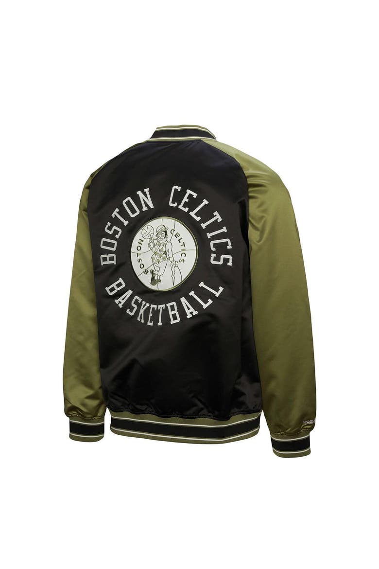 Men's Mitchell & Ness Olive/Black Boston Celtics Clutch Satin Raglan Full-Snap Jacket, Alternate, color, Olive
