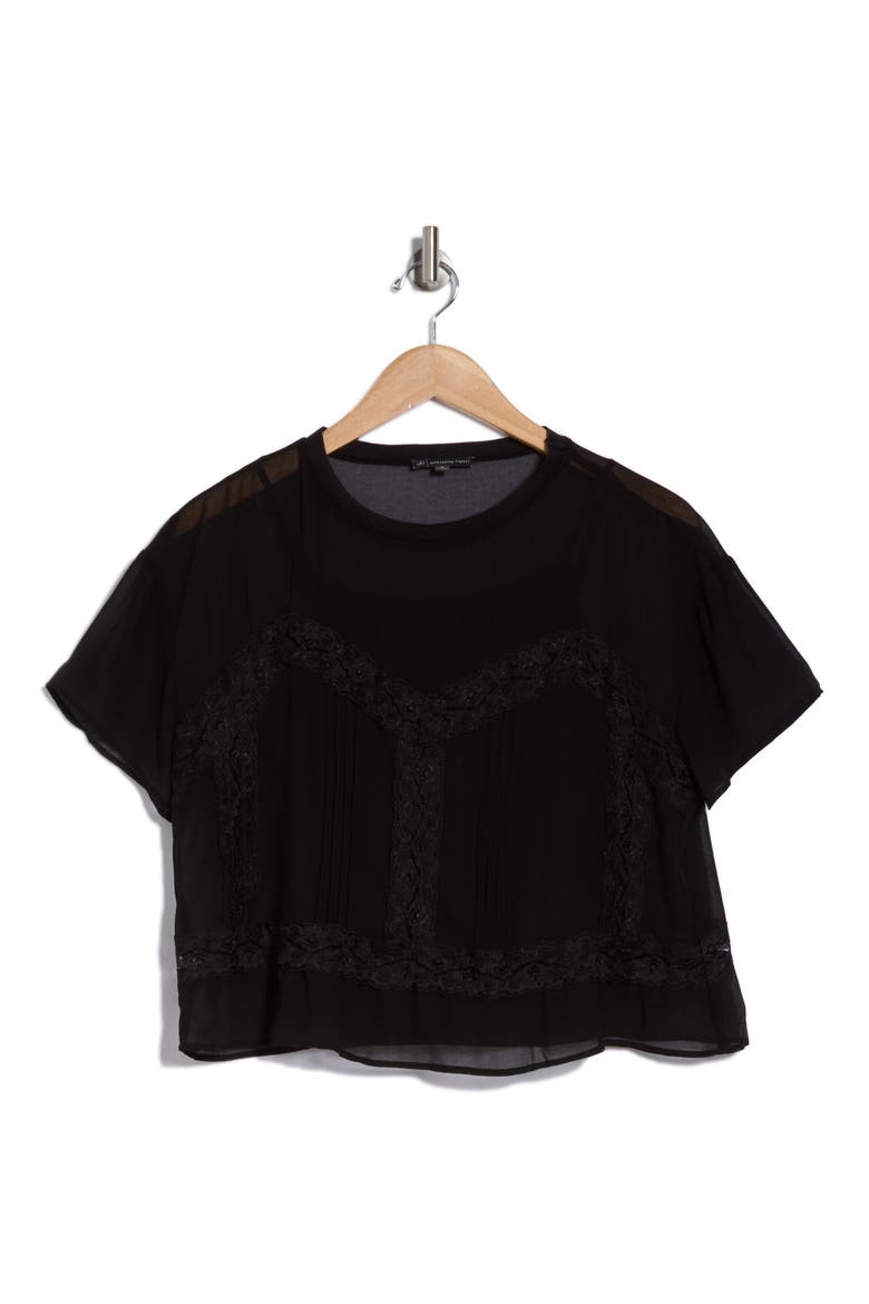 Short Sleeve Pieced Sheer Lace & Chiffon Top, Alternate, color, BLACK