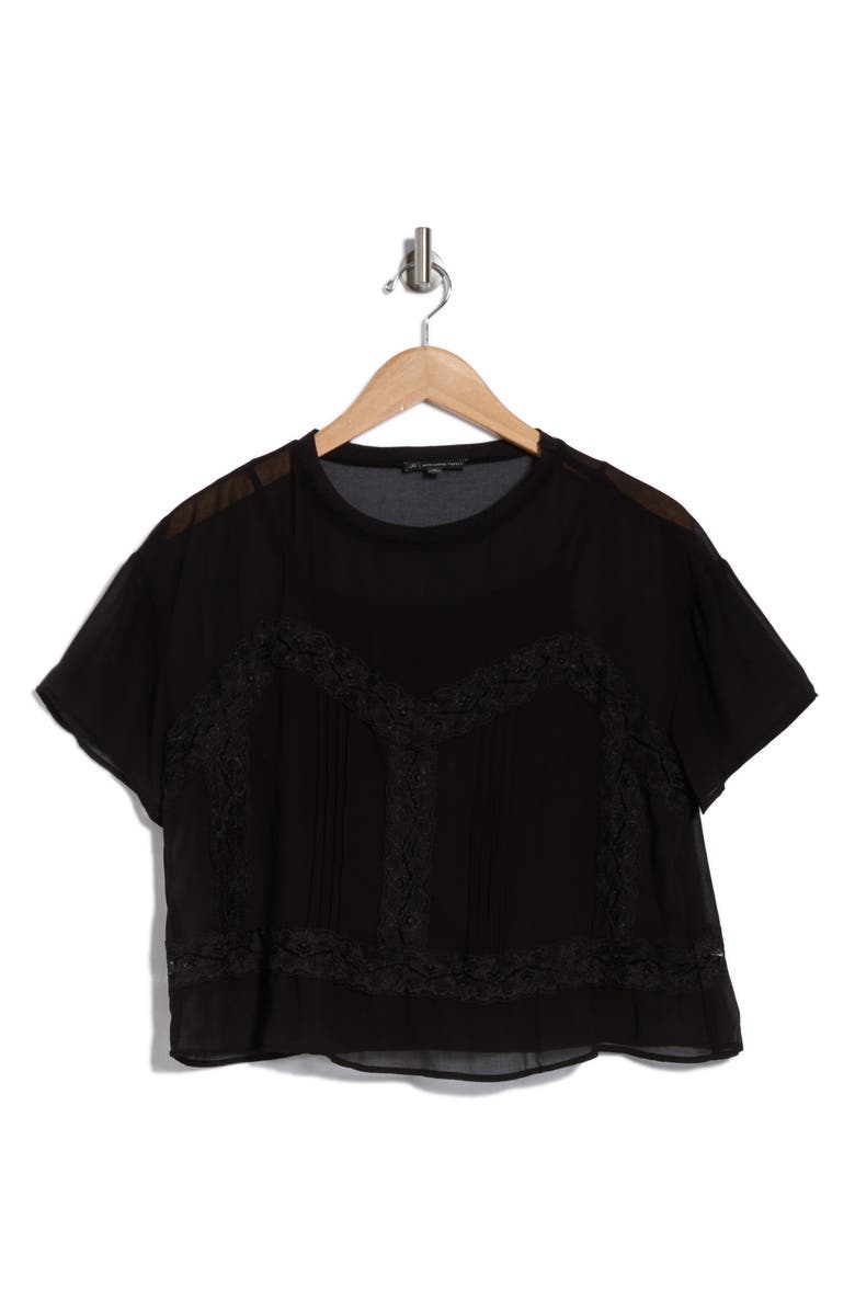Adrianna Papell Short Sleeve Pieced Sheer Lace & Chiffon Top, Alternate, color, Black