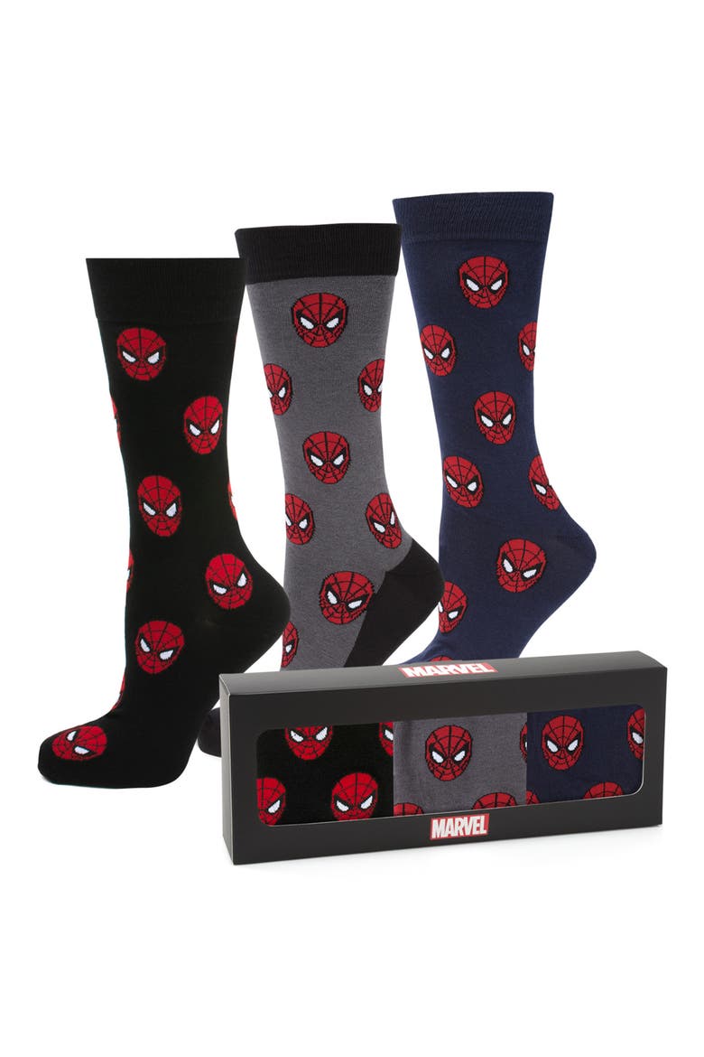 3-Pack Spider-Man Crew Socks & Lapel Pin Set, Alternate, color, BLACK MULTI