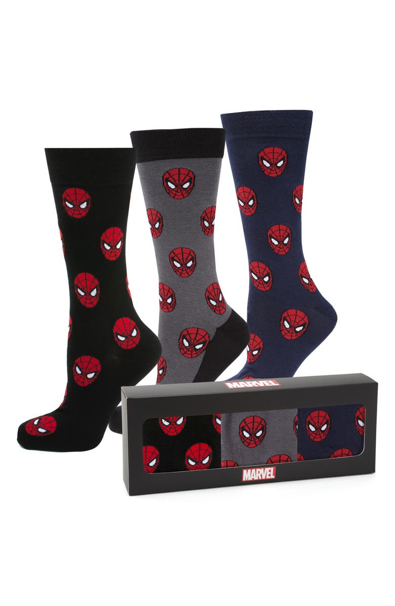 Cufflinks, Inc. 3-Pack Spider-Man Crew Socks & Lapel Pin Set, Alternate, color, Black Multi
