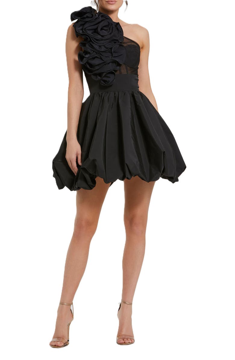 Mac Duggal Taffeta One Shoulder Ruffle Bubble Mini Dress, Main, color, Black