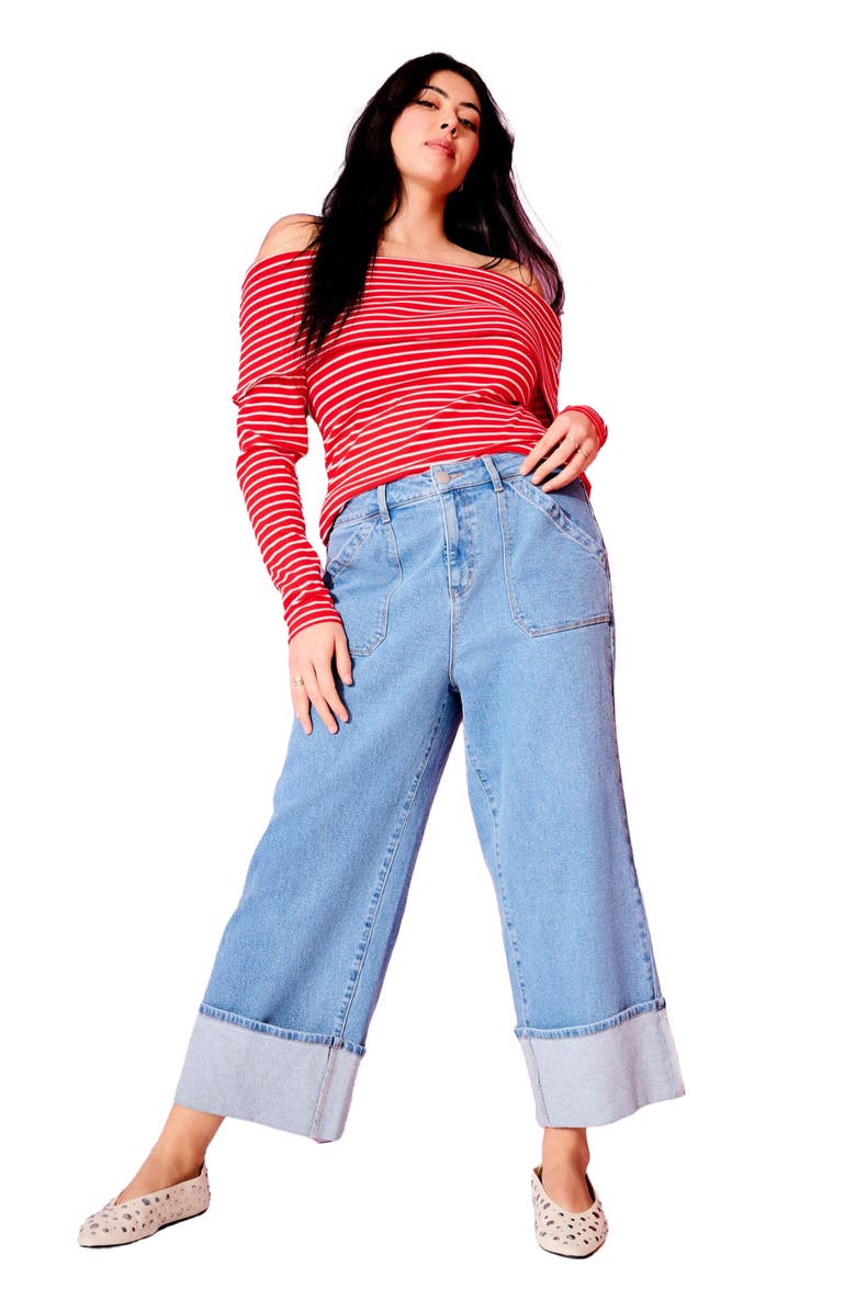 June + Vie Wide-Leg Cropped Cuffed Jeans, Main, color, Medium Vintage Wash